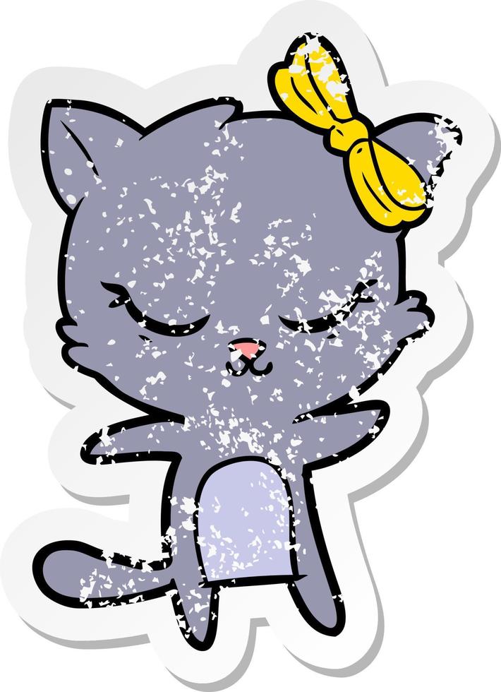 distressed sticker of a cute cartoon cat with bow vector