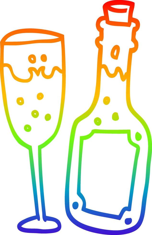 rainbow gradient line drawing cartoon champagne bottle and glass vector