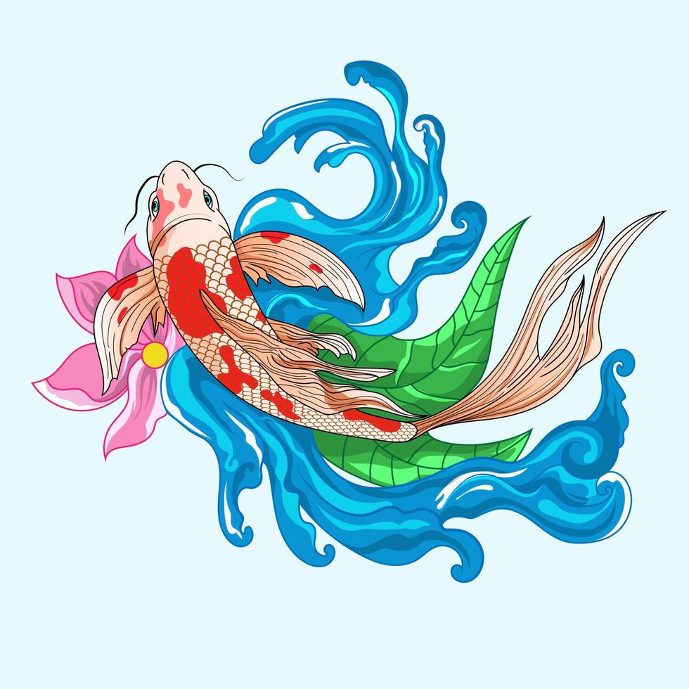 pez koi dibujado a mano, ilustración vectorial de flores tropicales japonesas. carpa koi colorida con salpicaduras de agua, flor de loto y peonía. impresión para gráficos de camisetas y otros usos. vector