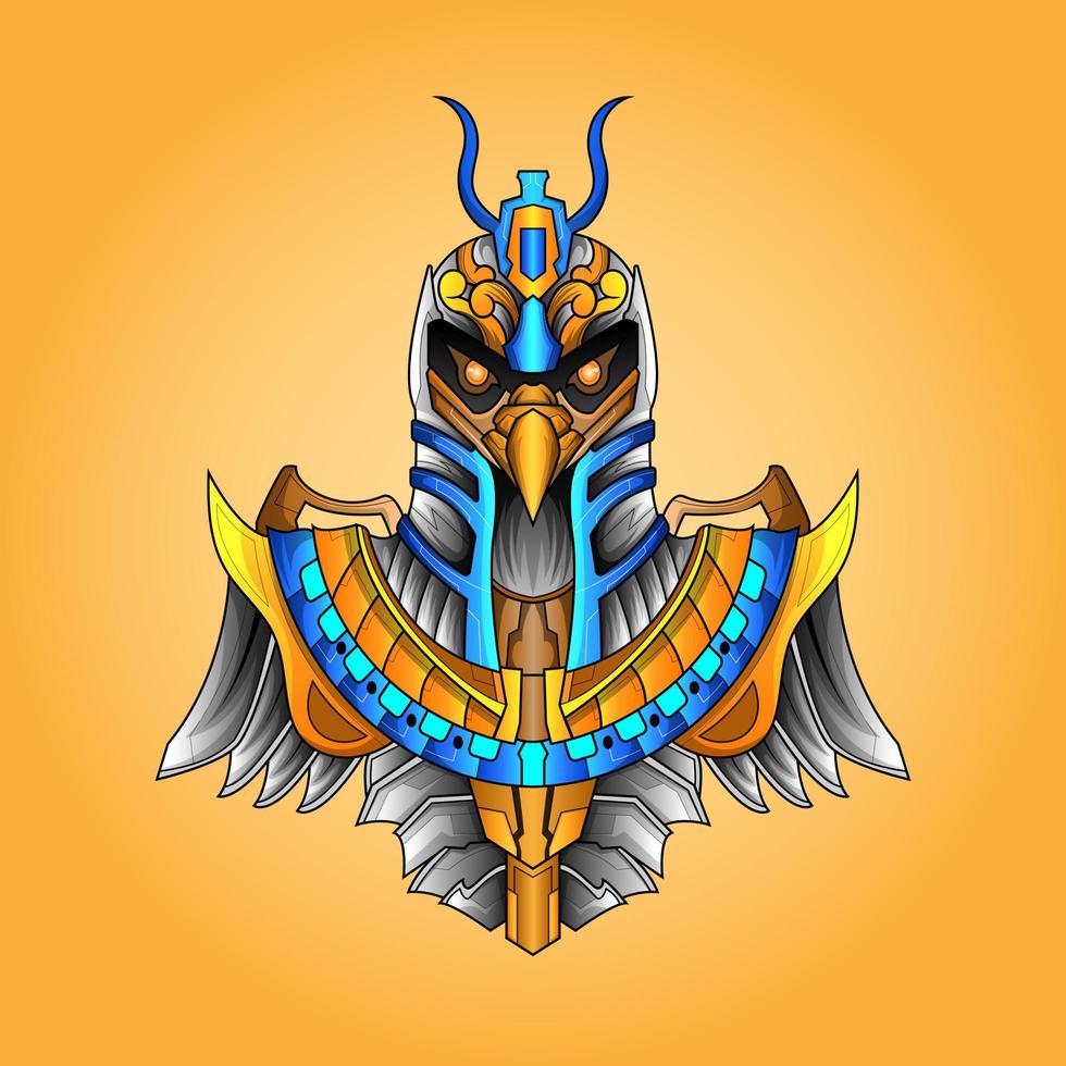 The lord of Horus Pharaoh God Face and head Egyptian Eagle esport logo. Pharaonic wings and the key to life and the Egyptian Eternal Sun mascot logo design vector