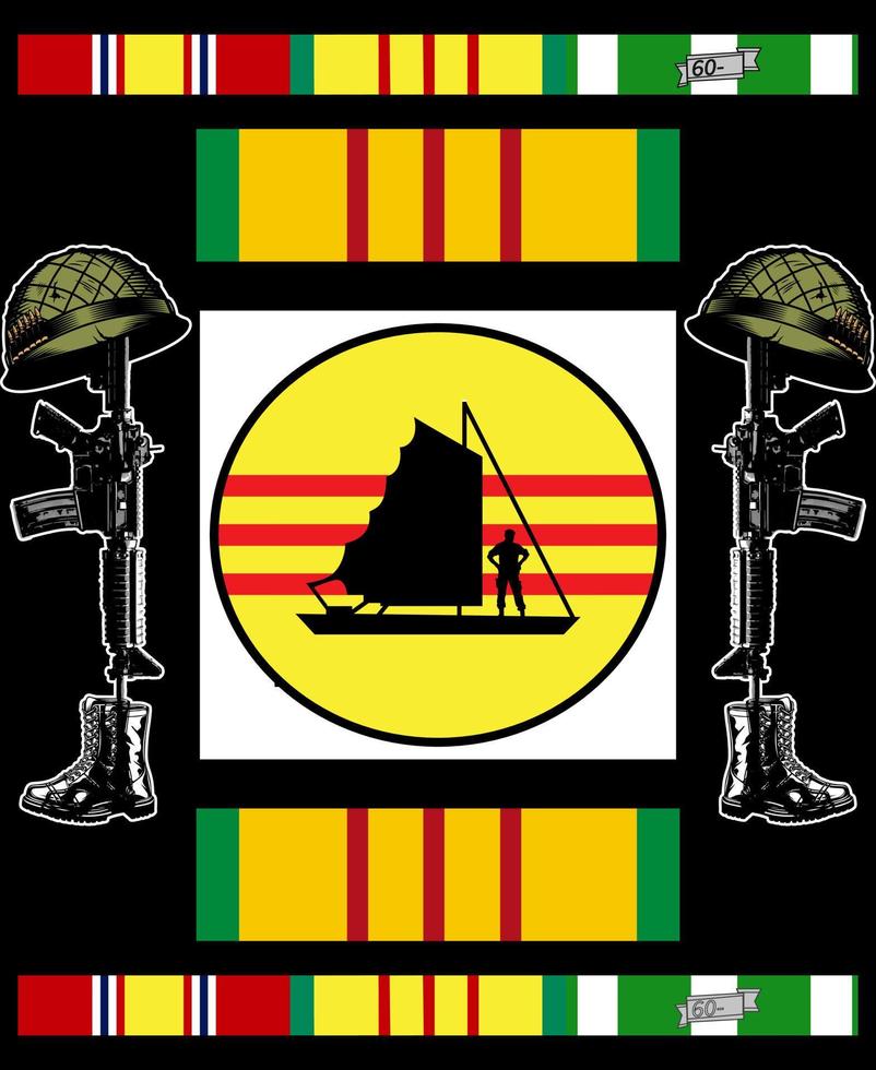 Vietnam Veteran ribbon bar and M4A1 gun with military helmet and boots vector illustration. EPS 10