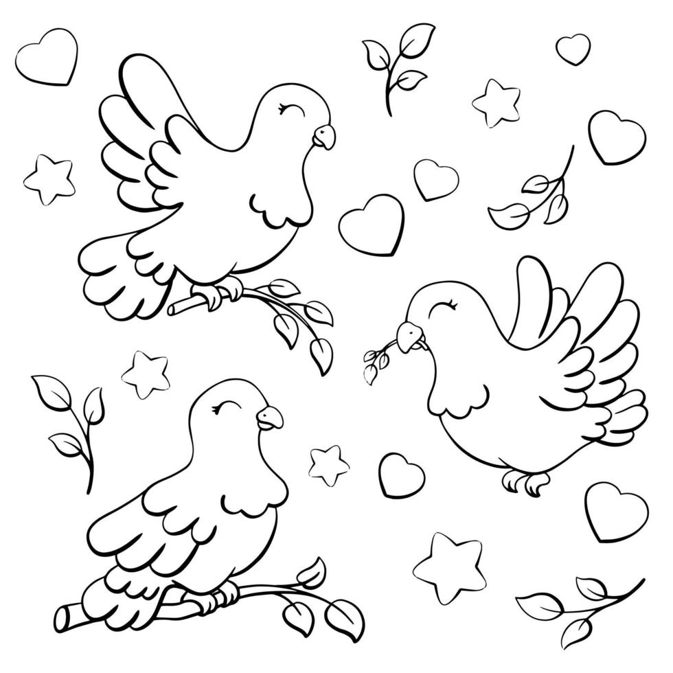 Dove is symbol peace and love. Coloring page for kids. Digital stamp. Cartoon style character. Vector illustration isolated on white background.