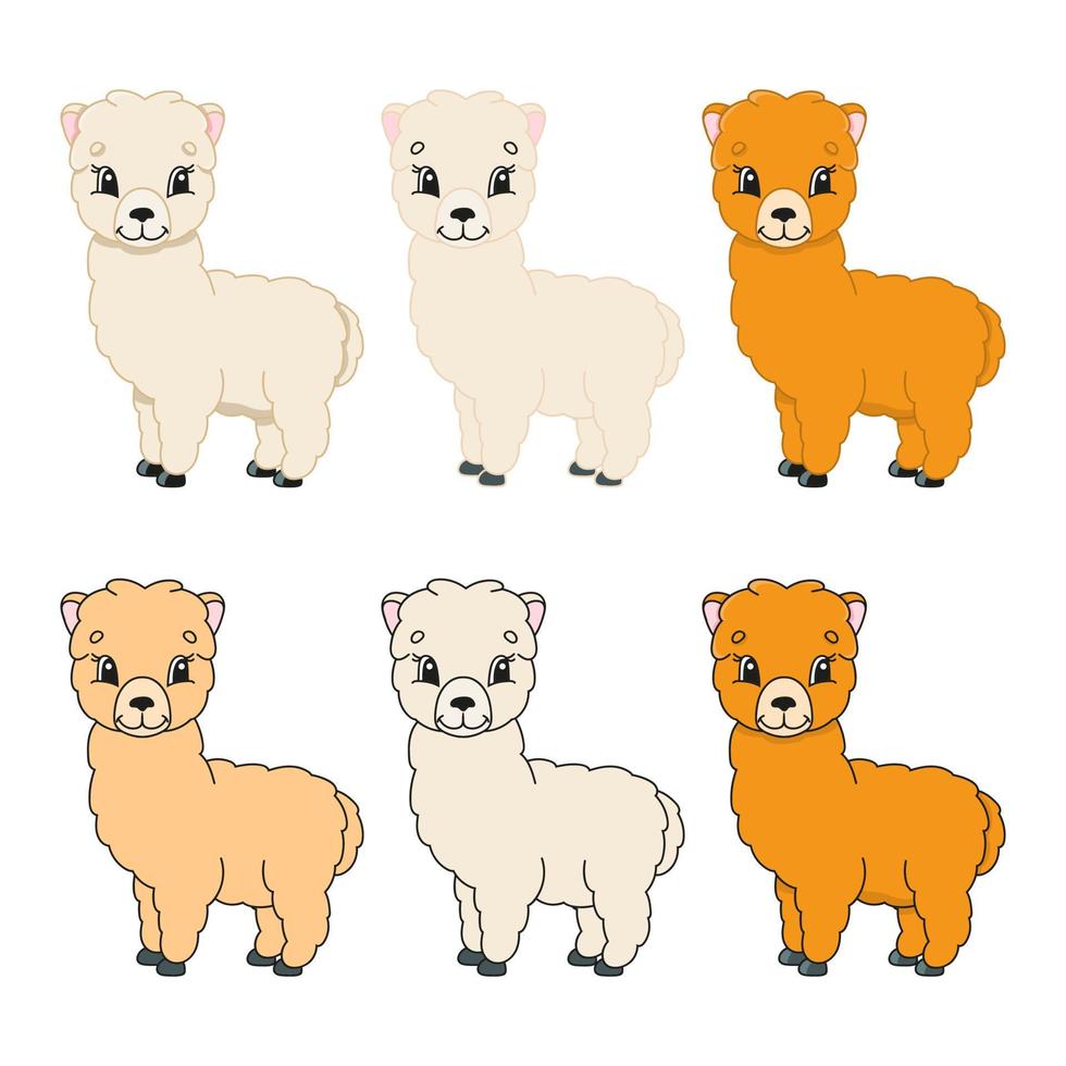 Cartoon character. Alpaca set. Colorful vector illustration. Isolated on white background. Design element. Template for your design, books, stickers, cards.