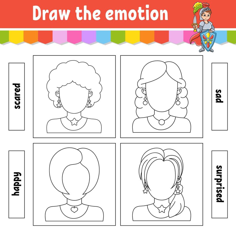 Draw the emotion. Worksheet complete the face. Coloring book for kids. Cheerful character. Vector illustration. Black contour silhouette. Isolated on white background.