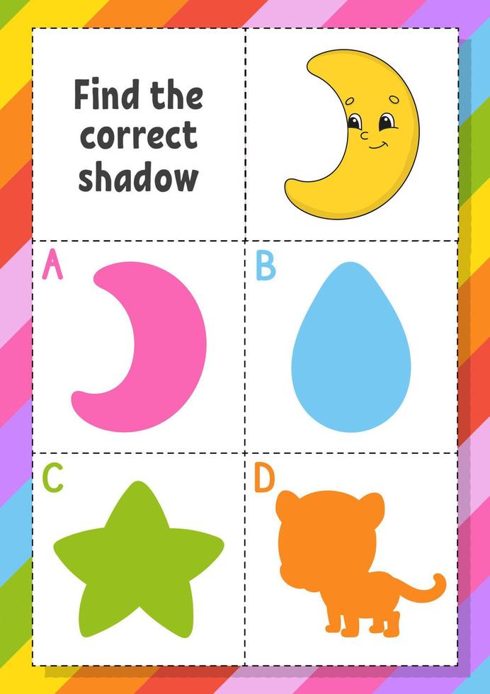 Find the correct shadow. Education developing worksheet for kids. Puzzle game. Activity page. cartoon character. Vector illustration.