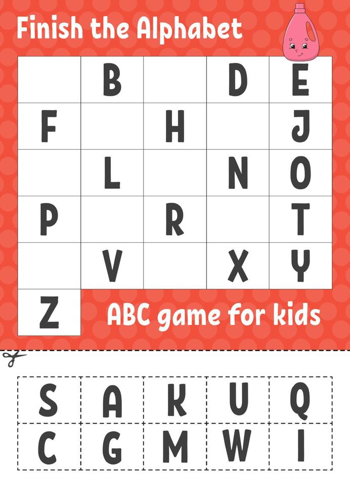 Finish the alphabet. ABC game for kids. Cut and glue. Education developing worksheet. Learning game for kids. Color activity page. vector