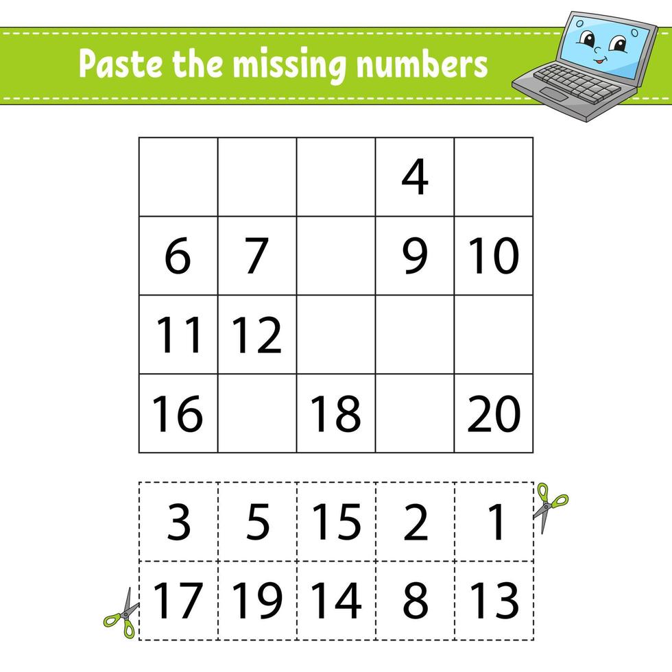 Paste the missing numbers 1-20. Game for children. Handwriting practice. Learning numbers for kids. Education developing worksheet. Activity page. Isolated vector illustration in cute cartoon style.