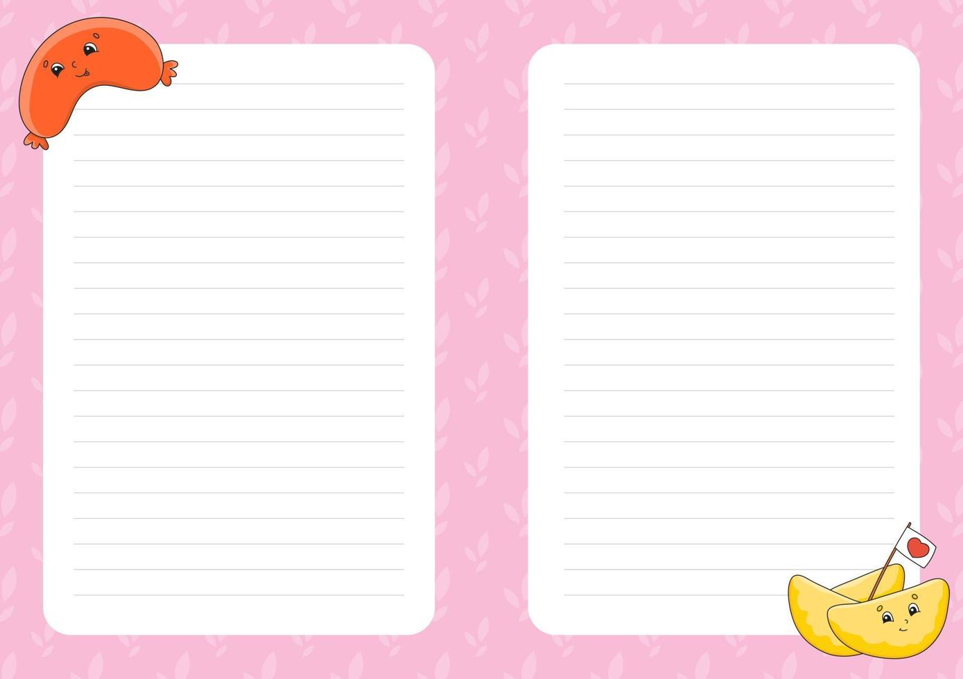 Colored sheet template for notes. Paper page for journal, notebook, diary, letters, schedule, organizer. Cute cartoon character. Lined sheet. Vector illustration. Barbecue theme.