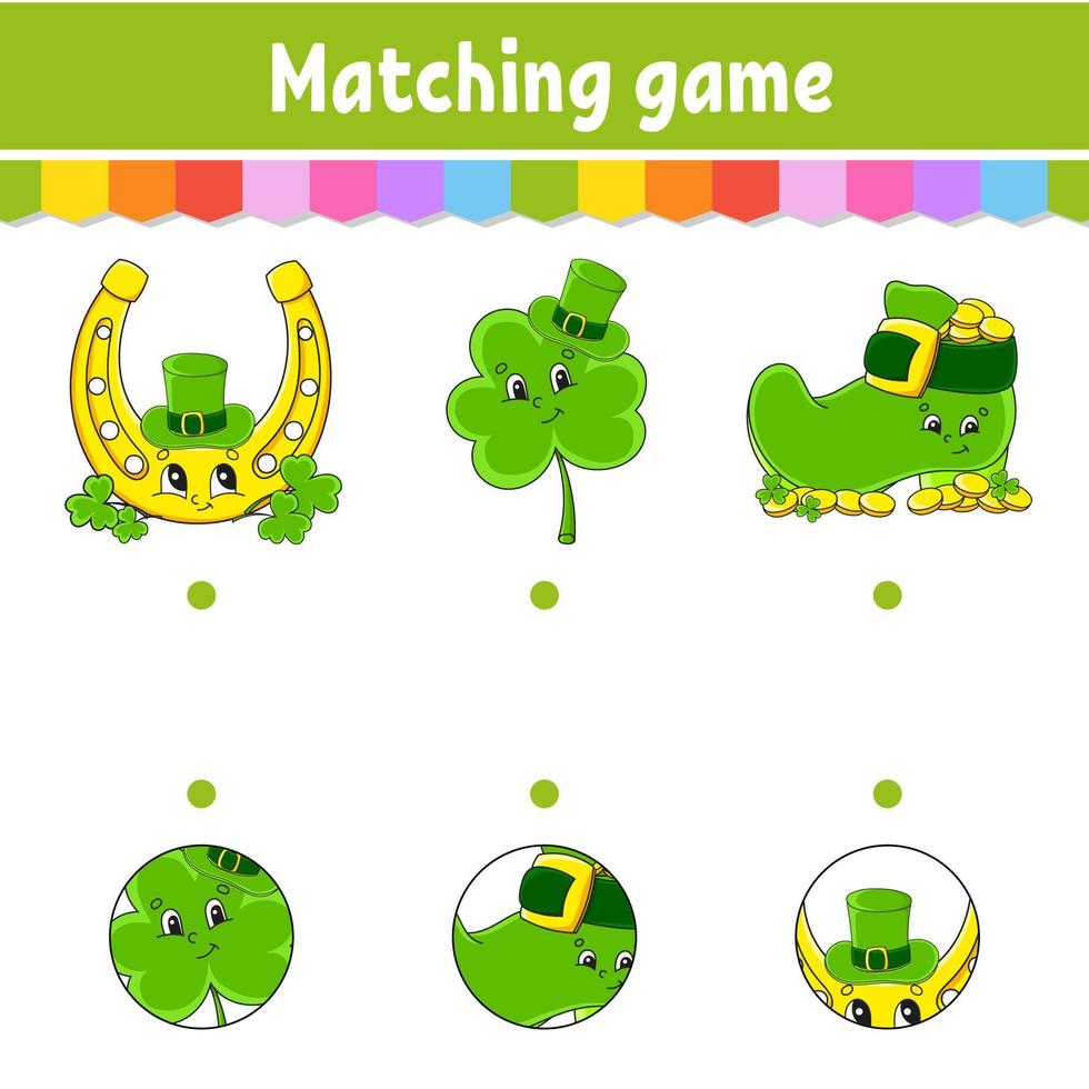 Matching game for kids. Education developing worksheet. Draw a line. Activity page. cartoon character. Vector illustration. St. Patrick's day.