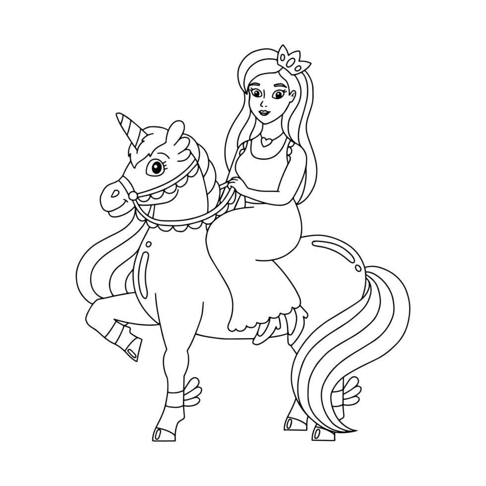 The princess is riding a unicorn. Coloring book page for kids. Cartoon style character. Vector illustration isolated on white background.