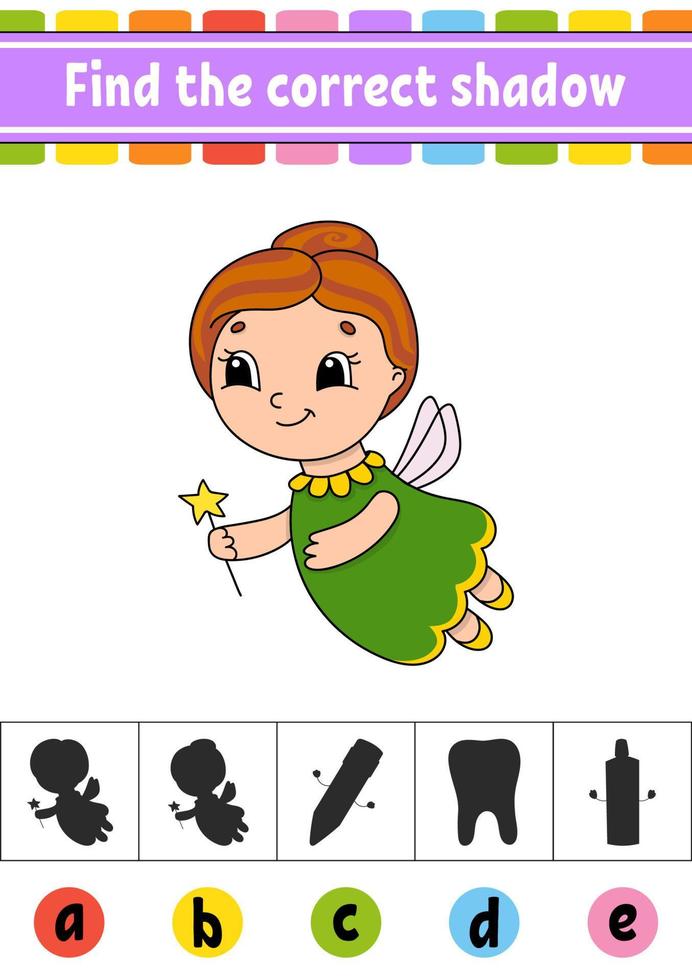 Find the correct shadow. Education developing worksheet. Activity page. Color game for children. Isolated vector illustration. Cartoon character.