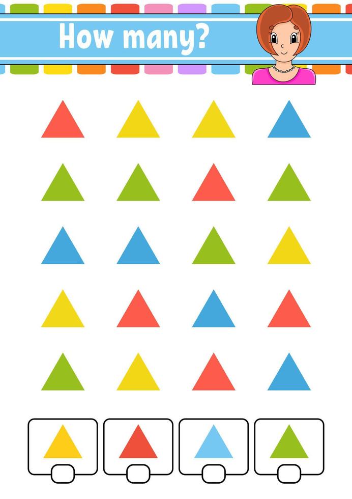 Counting game for children. Happy characters. Learning mathematics. How many object in the picture. Education worksheet. With space for answers. Isolated vector illustration in cute cartoon style.