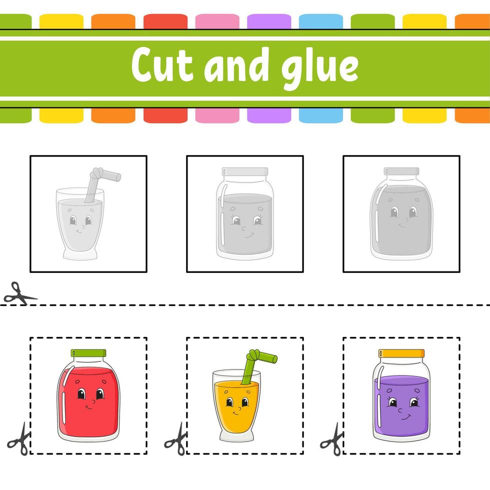 corta y pega. juego para niños hoja de trabajo de desarrollo educativo. página de actividades de colores. personaje animado. vector