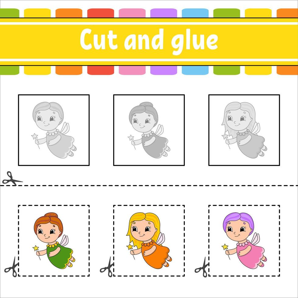 Cut and glue. Game for kids. Education developing worksheet. Color activity page. cartoon character. vector