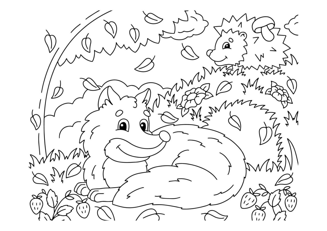 Fox and hedgehog in a forest clearing. Coloring book page for kids. Cartoon style character. Vector illustration isolated on white background.