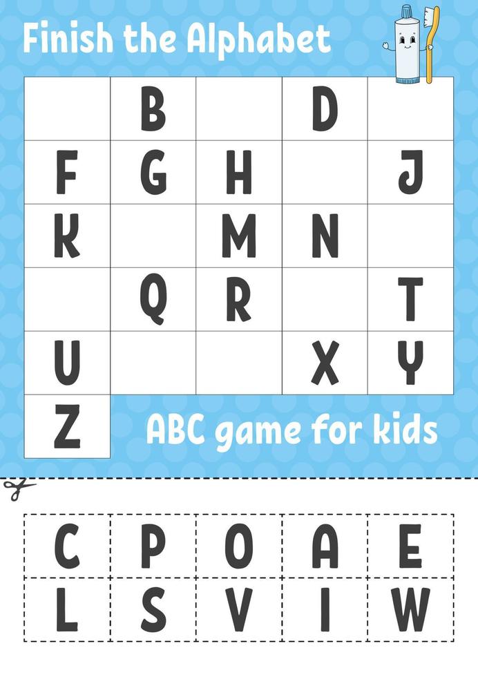 Finish the alphabet. ABC game for kids. Cut and glue. Education developing worksheet. Learning game for kids. Color activity page. vector