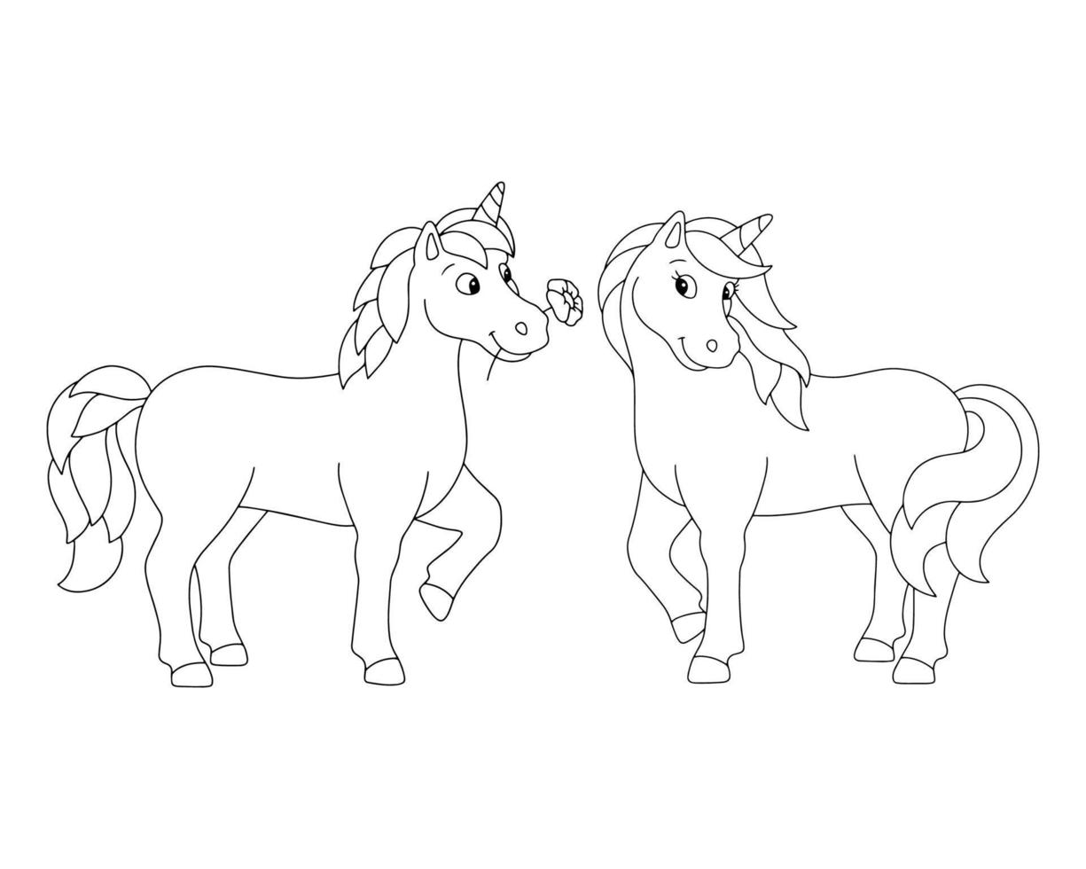 unicornios cariñosos. página de libro para colorear para niños. personaje de estilo de dibujos animados. ilustración vectorial aislado sobre fondo blanco. vector