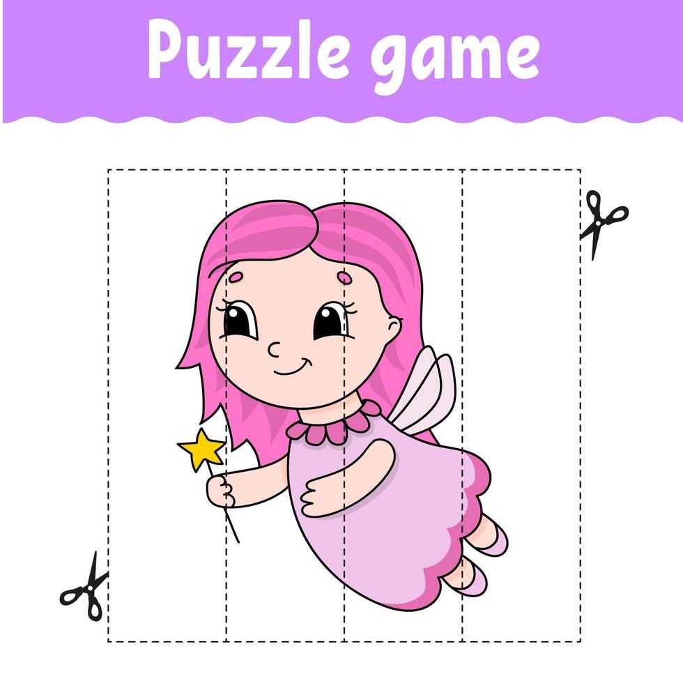 Puzzle game for kids. Cutting practice. Education developing worksheet. Activity page. cartoon character. Vector illustration.