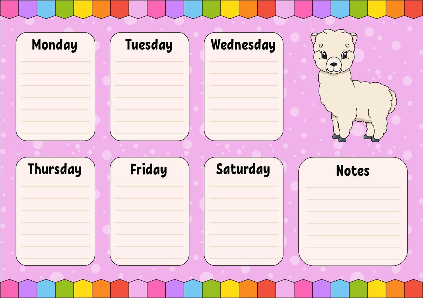 School schedule. Timetable for schoolboys. Empty template. Weekly planer with notes. Isolated color vector illustration. cartoon character.