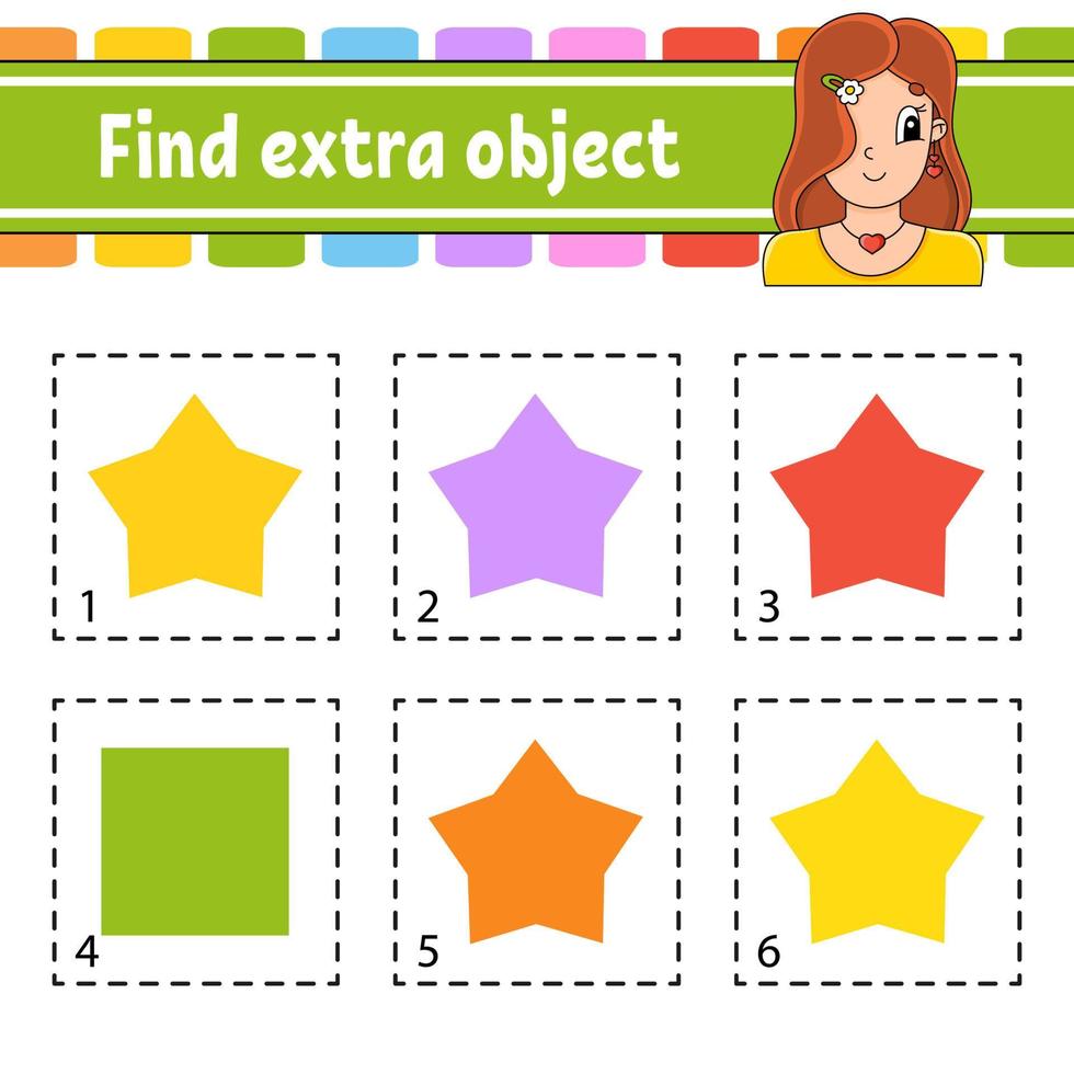 Find extra object. Educational activity worksheet for kids and toddlers. Game for children. Cute characters. Simple flat color isolated vector illustration in cartoon style.