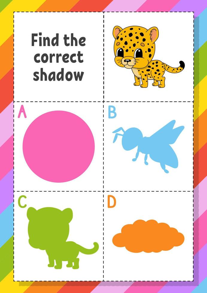 Find the correct shadow. Education developing worksheet for kids. Puzzle game. Activity page. cartoon character. Vector illustration.