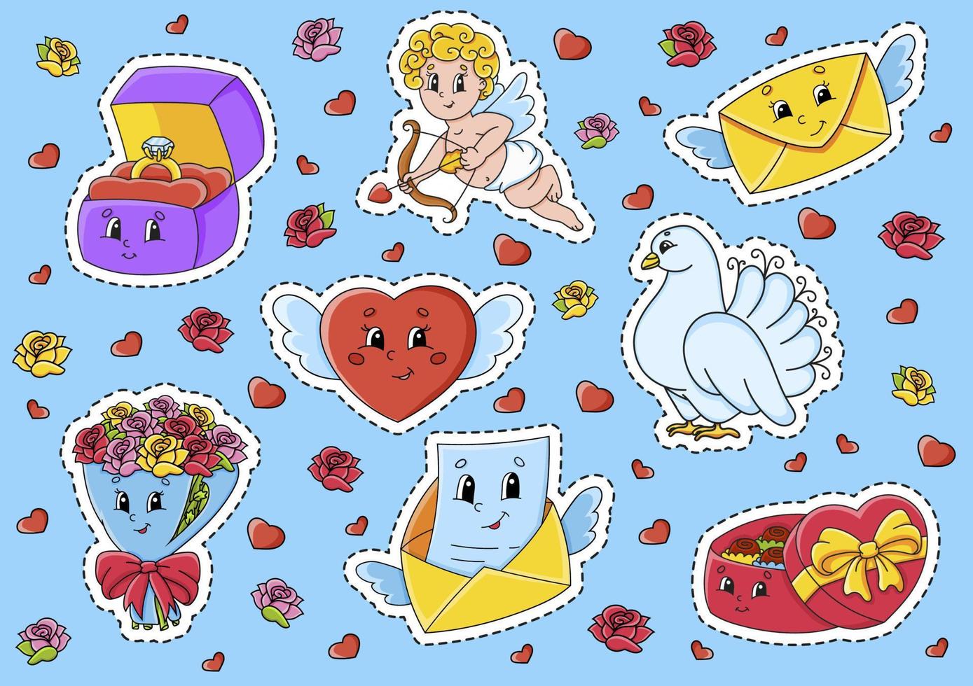 conjunto de pegatinas con lindos personajes de dibujos animados. clipart del día de san valentín. dibujado a mano. paquete de colores. ilustración vectorial. colección de insignias de parche. elementos de diseño de etiquetas. para planificador diario, diario. vector