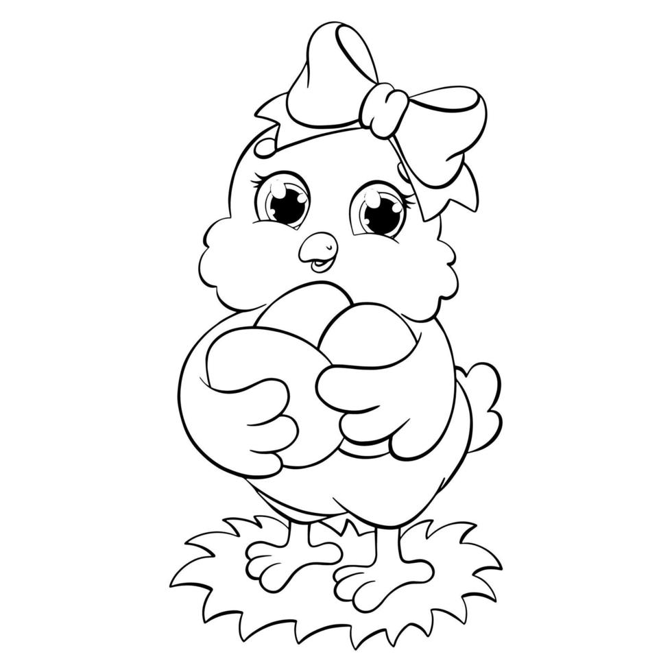 A cute chick is holding Easter eggs. Coloring book page for kids. Cartoon style character. Vector illustration isolated on white background. Vector Art at Vecteezy