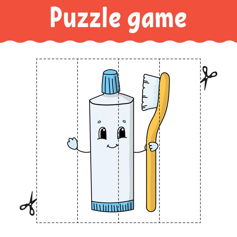 Puzzle game for kids. Cutting practice. Education developing worksheet. Activity page. cartoon character. Vector illustration.