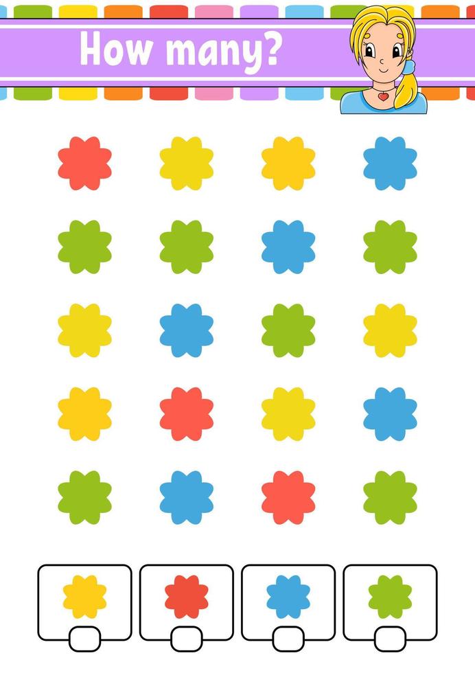 Counting game for children. Happy characters. Learning mathematics. How many object in the picture. Education worksheet. With space for answers. Isolated vector illustration in cute cartoon style.