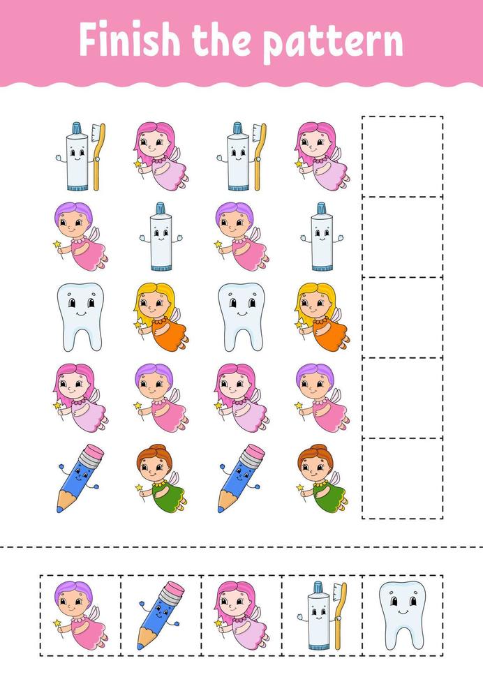 Finish the pattern. Cut and play. Education developing worksheet. Activity page. cartoon character. Vector illustration.
