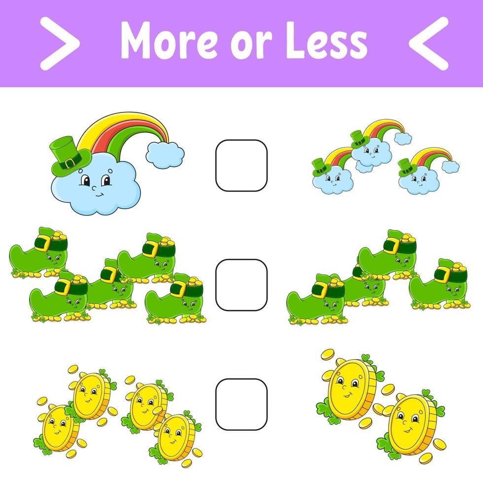 More or less. Educational activity worksheet for kids and toddlers. Isolated color vector illustration in cute cartoon style. St. Patrick's day.
