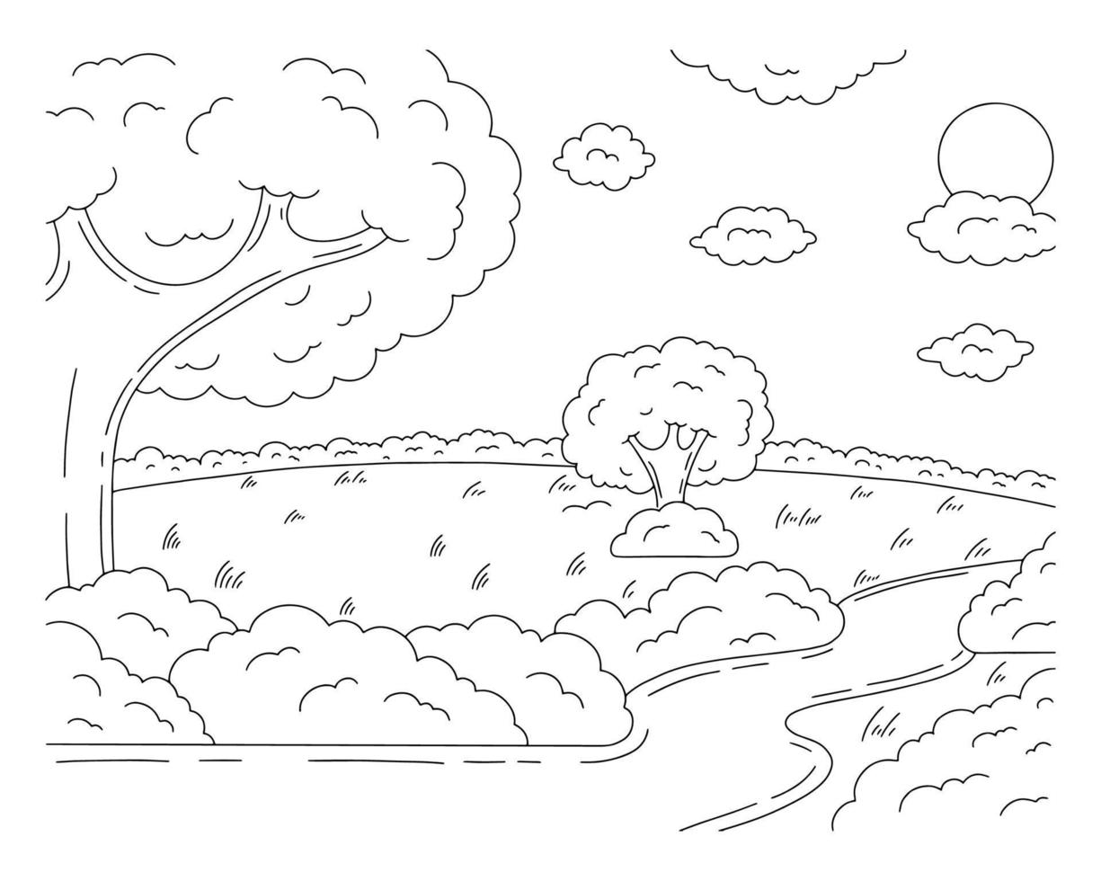 Wonderful natural landscape. Road in the forest clearing. Coloring book page for kids. Cartoon style. Vector illustration isolated on white background.