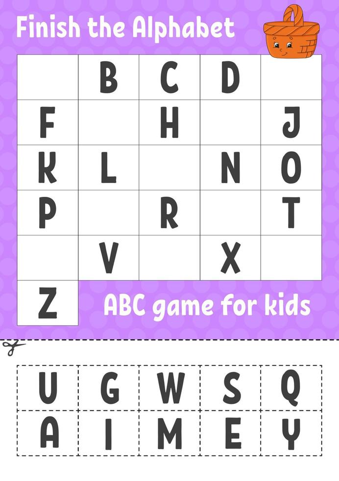 Finish the alphabet. ABC game for kids. Cut and glue. Education developing worksheet. Learning game for kids. Color activity page. vector