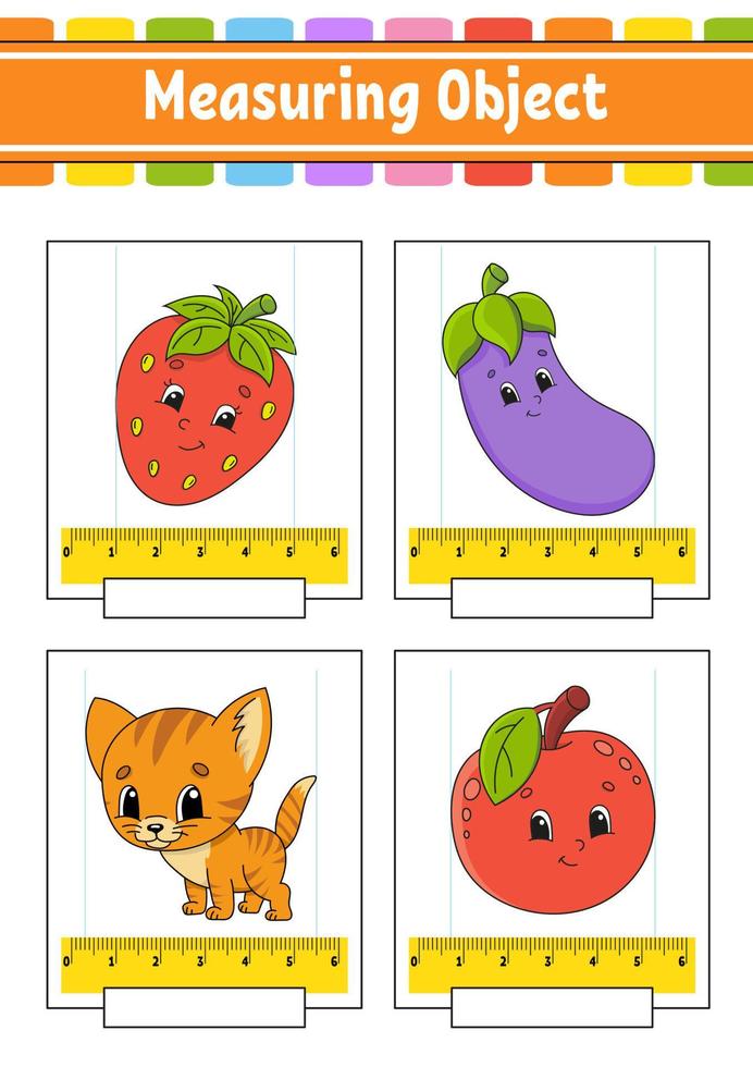 Measuring length in centimeter and millimeter. Education developing worksheet. Game for kids. Color activity page. Puzzle for children. Cute character. Vector illustration. cartoon style.