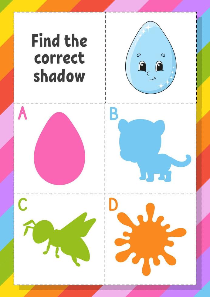 Find the correct shadow. Education developing worksheet for kids. Puzzle game. Activity page. cartoon character. Vector illustration.