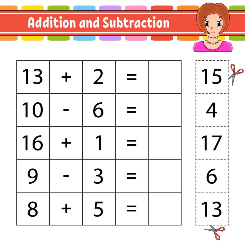 Addition and subtraction. Task for kids. Cut and paste. Education developing worksheet. Activity page. Game for children. Funny character. Isolated vector illustration. cartoon style.