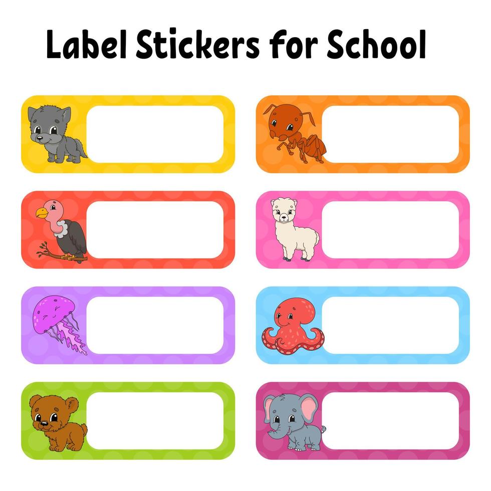 Bright stickers. Rectangular label. Cute characters. Color vector isolated illustration.