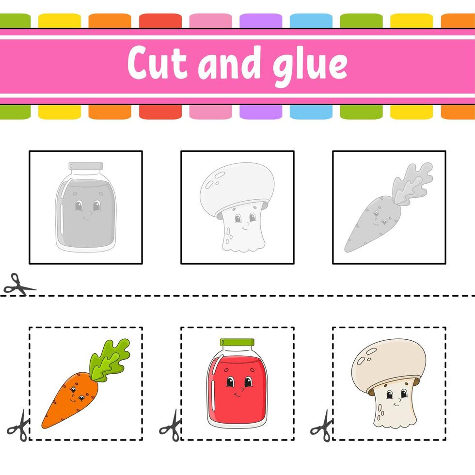Cut and glue. Game for kids. Education developing worksheet. Color activity page. cartoon character. vector