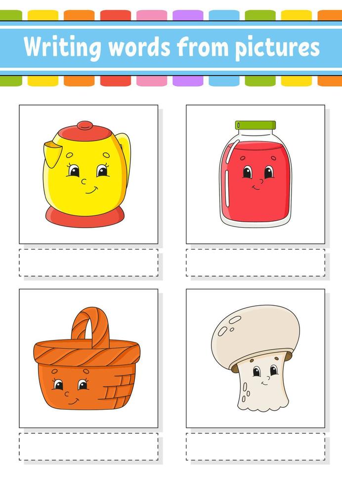 Writing words from pictures. Education developing worksheet. Activity page for kids. Puzzle for children. Isolated vector illustration. cartoon characters.