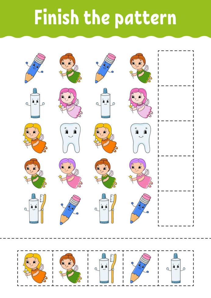 Finish the pattern. Cut and play. Education developing worksheet. Activity page. cartoon character. Vector illustration.