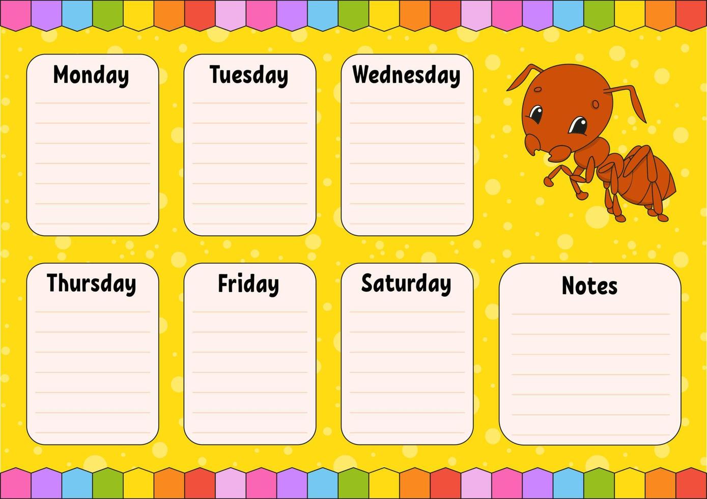 School schedule. Timetable for schoolboys. Empty template. Weekly planer with notes. Isolated color vector illustration. cartoon character.