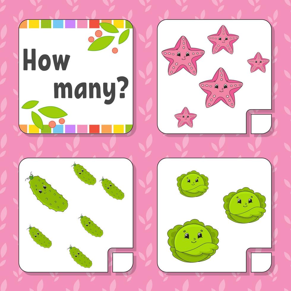 Counting game for children. Happy characters. Learning mathematics. How many object in the picture. Education worksheet. With space for answers. Isolated vector illustration in cute cartoon style.