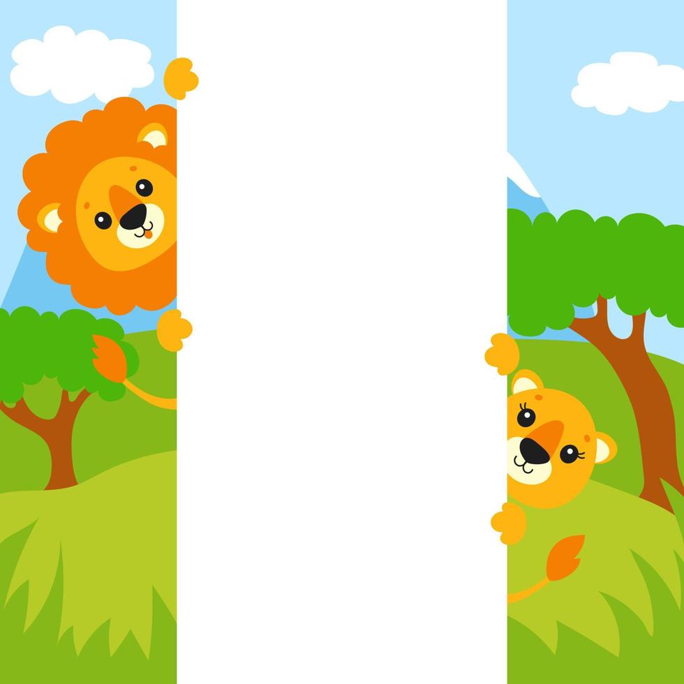 Cute cartoon character holding white blank poster. With place for text. Colored vector illustration.