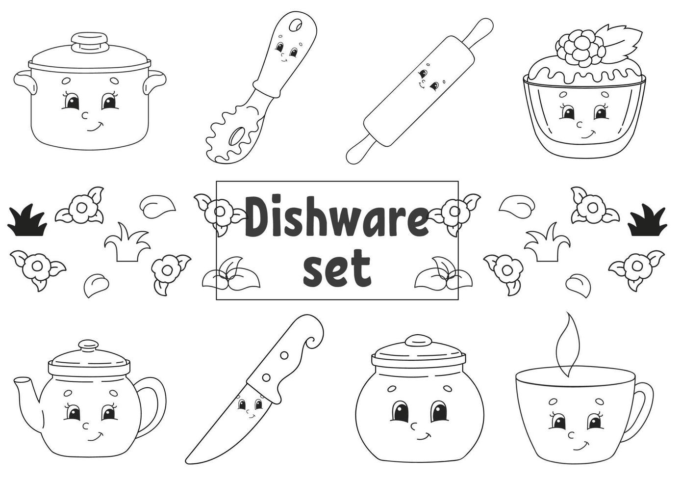 Coloring book for kids. Cheerful characters. Dishware theme. Vector illustration. Cute cartoon style. Black contour silhouette. Isolated on white background.