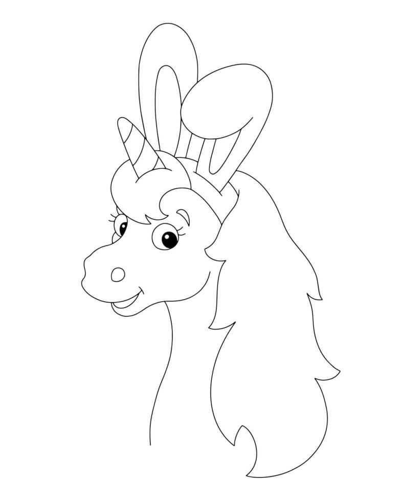 cabeza mágica de unicornio con orejas de conejo. caballo de hadas página para colorear para niños. sello digital. personaje de estilo de dibujos animados. ilustración vectorial aislado sobre fondo blanco. vector