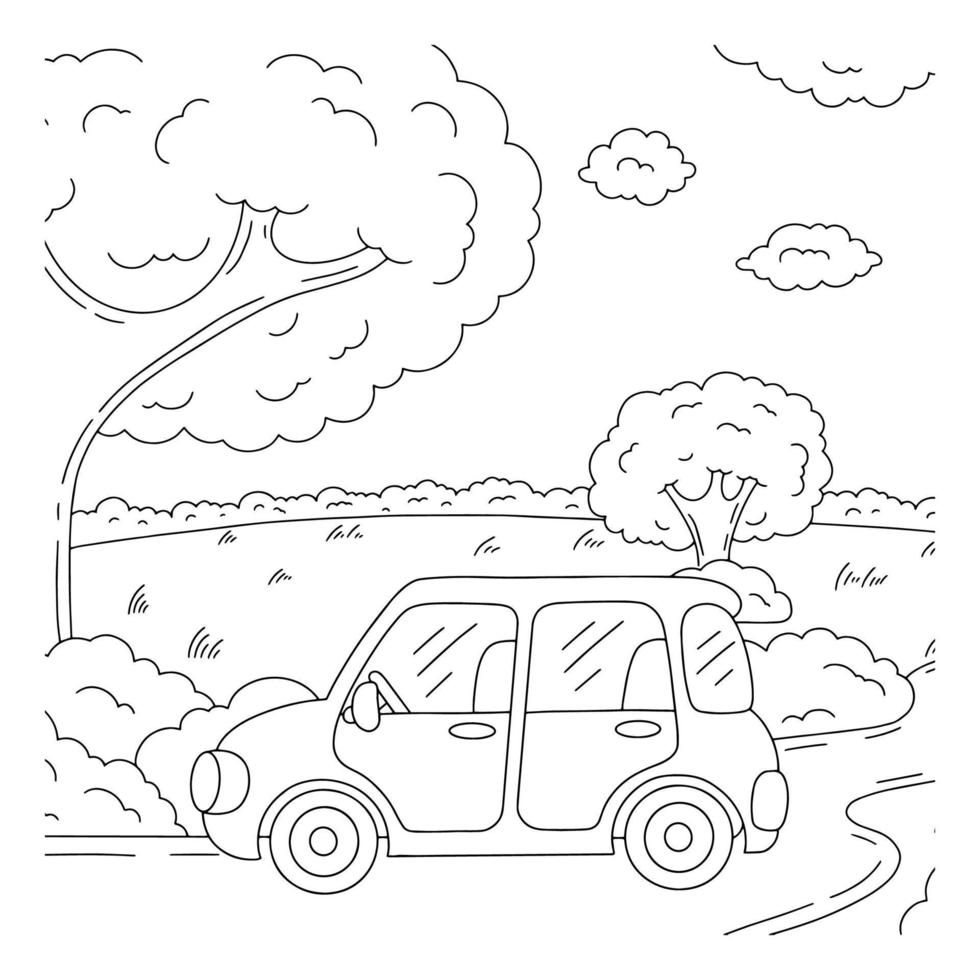 maravilloso paisaje natural. página de libro para colorear para niños. estilo de dibujos animados el coche conduce por la carretera a lo largo del bosque. ilustración vectorial aislado sobre fondo blanco. vector