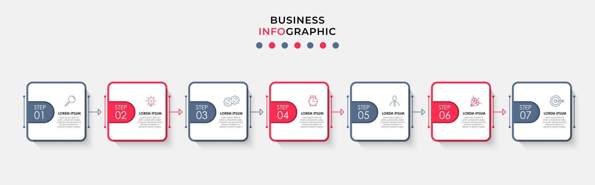 Business Infographic design template Vector with icons and 7 options or steps. Can be used for process diagram, presentations, workflow layout, banner, flow chart, info graph