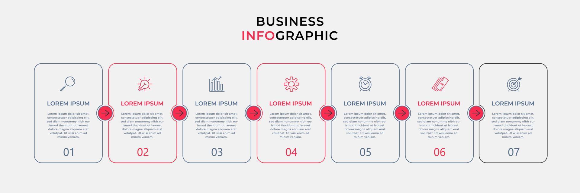 vector de plantilla de diseño infográfico empresarial con iconos y 7 opciones o pasos. se puede utilizar para diagramas de proceso, presentaciones, diseño de flujo de trabajo, pancarta, diagrama de flujo, gráfico de información