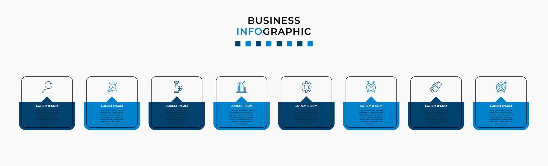 plantilla de negocio de diseño infográfico vectorial con iconos y 8 opciones o pasos. se puede utilizar para diagramas de proceso, presentaciones, diseño de flujo de trabajo, pancarta, diagrama de flujo, gráfico de información vector