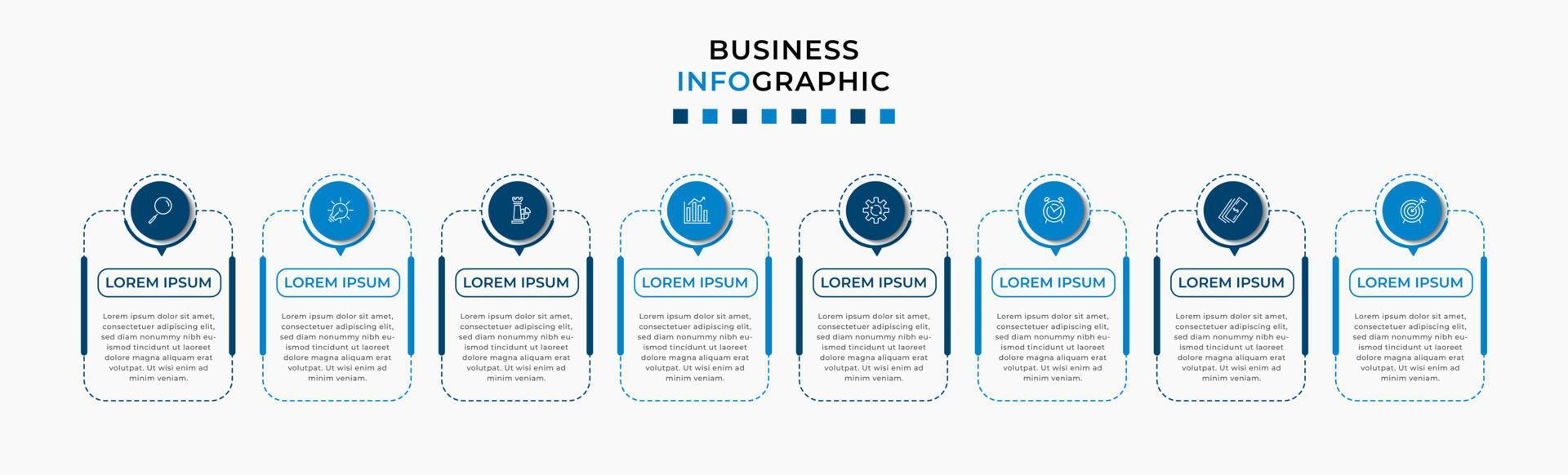 plantilla de negocio de diseño infográfico vectorial con iconos y 8 opciones o pasos. se puede utilizar para diagramas de proceso, presentaciones, diseño de flujo de trabajo, pancarta, diagrama de flujo, gráfico de información vector